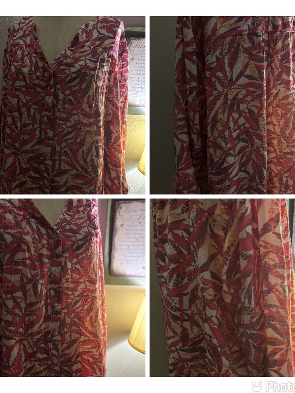 Lightweight Coral-Red Leaf Print Blouse with V-Neck
